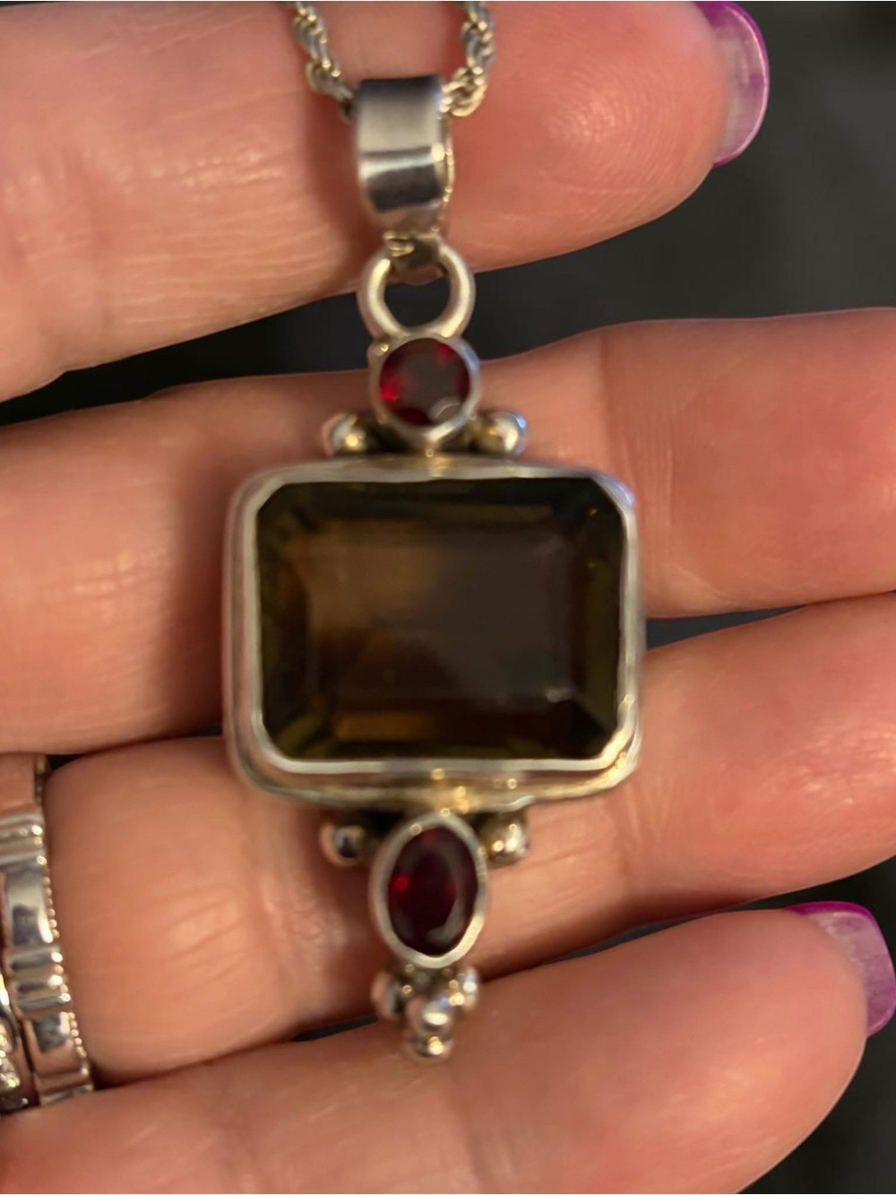 Sterling silver large Smokey Topaz and Garnet pendant necklace